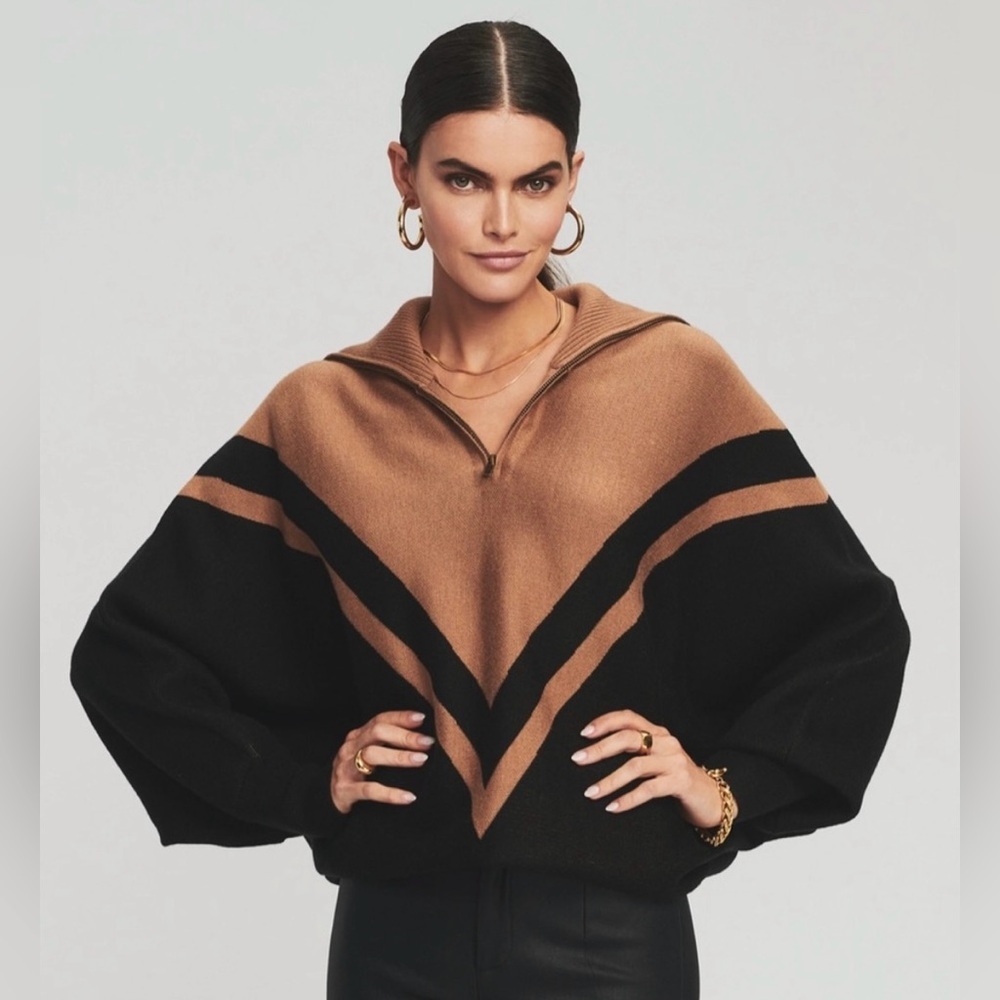 Ser.o.ya Abi Half Zip Black and Tan Sweater Wide Collar Size XS
